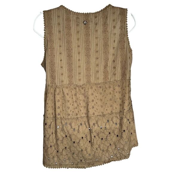 Prana Blouse Women's Medium Brown Trimmed with Lace Open Eyelet Bottom Blouse - Picture 3 of 11